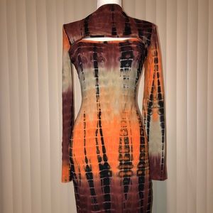 Sexy long sleeve tie-dye form fitting turtleneck dress. Fall colors